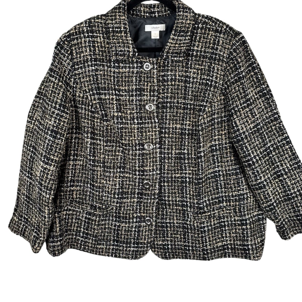 CJ Banks Jacket Womens Tweed Plaid  Size 3X Black Metallic Brown Preppy Buttons‎